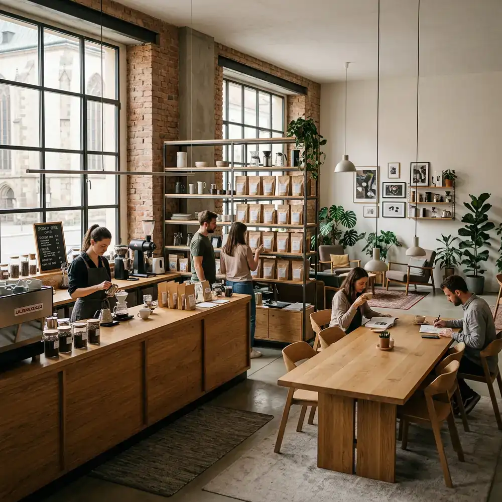Pohled do interiéru brněnského showroomu SteadyLeads Coffee